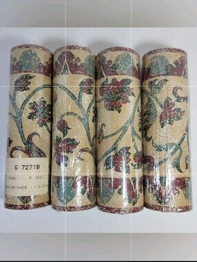 Wallpaper BORDER 4 Rolls Tan Teal Maroon Scroll Vine Floral Leaves 5 Yds Vtg